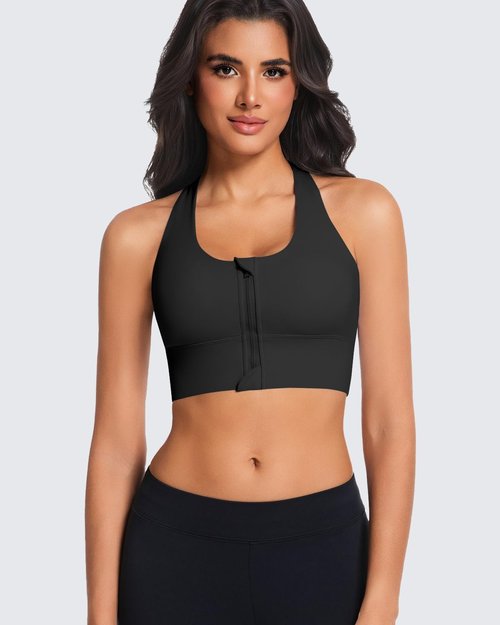 Eskmiry Zip Front Sports Bra for Women, High Support Criss-Cross Back Strappy Padded Workout Tops Supportive Gym Bras Black