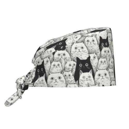 Black and White Cat Working Cap Scrub Cap with Sweatband Adjustable Unisex Men Women Tie Back Hat Nurse Surgical Caps
