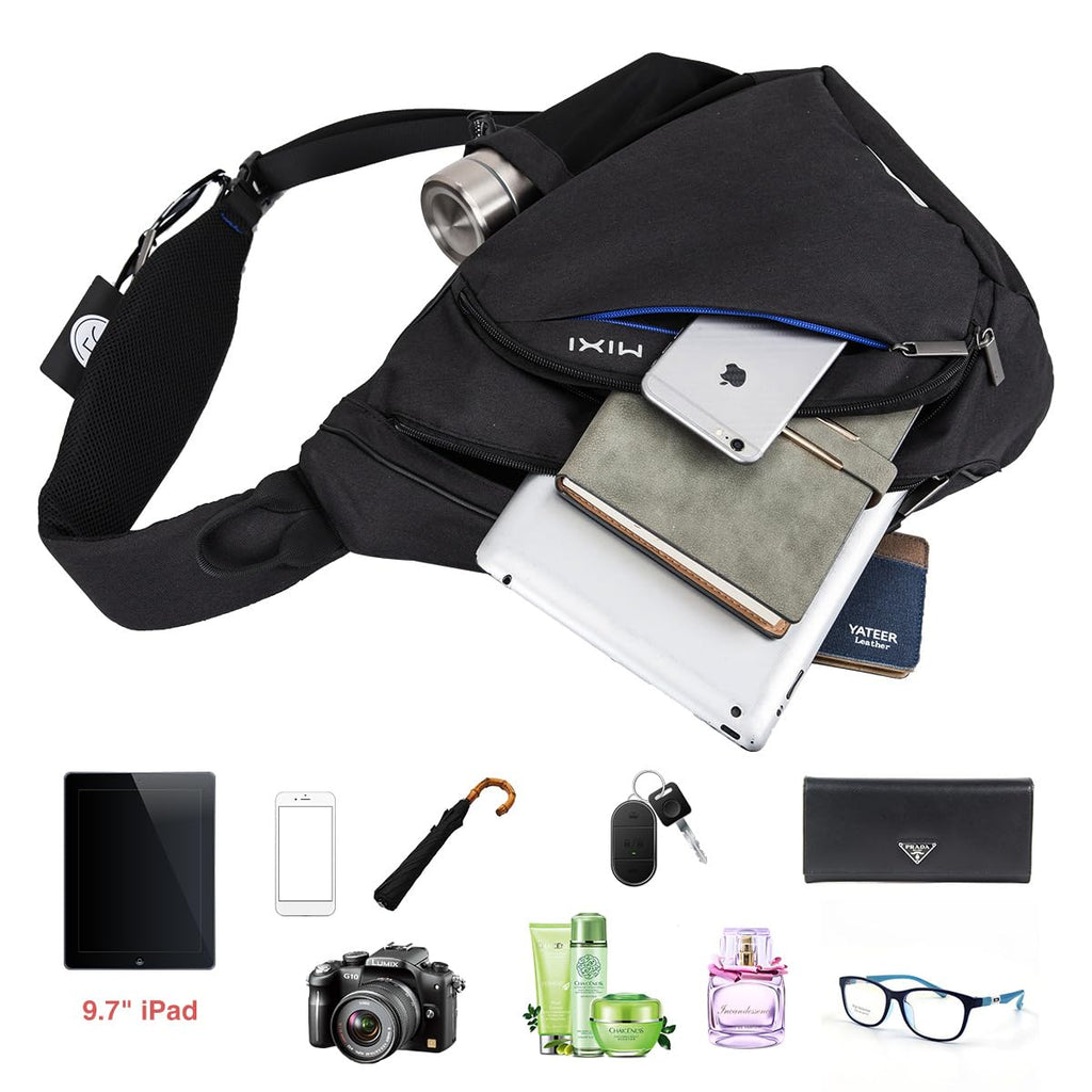 mixi Sling Bag Men Backpack Unisex One Shoulder Bag Hiking Travel Backpack Crossbody with USB Port for Men Women Versatile Casual Daypack-17 inch,Black