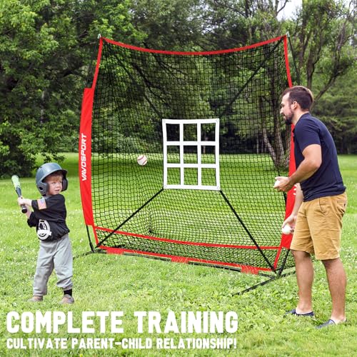 VAVOSPORT Red 7x7' Baseball & Softball Hitting Net Set with Strike Zone & Tee