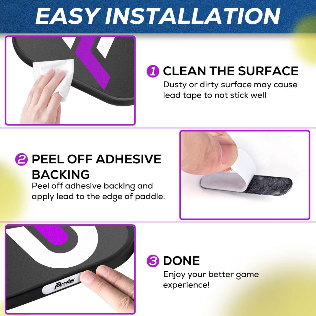 Prodigy Pickleball Lead Tape - 12pcs Easy Application to Improve Your Power & Accuracy - Pre Cut 3g Tape Strips to Give You a Larger Sweet Spot