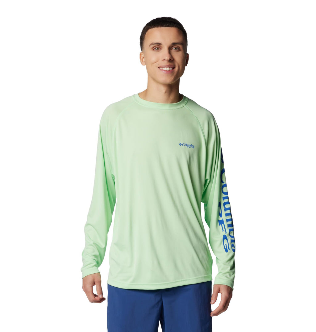 Columbia Men's PFG Terminal Tackle Long Sleeve Fishing Shirt, Key West/Vivid Blue Logo, Small