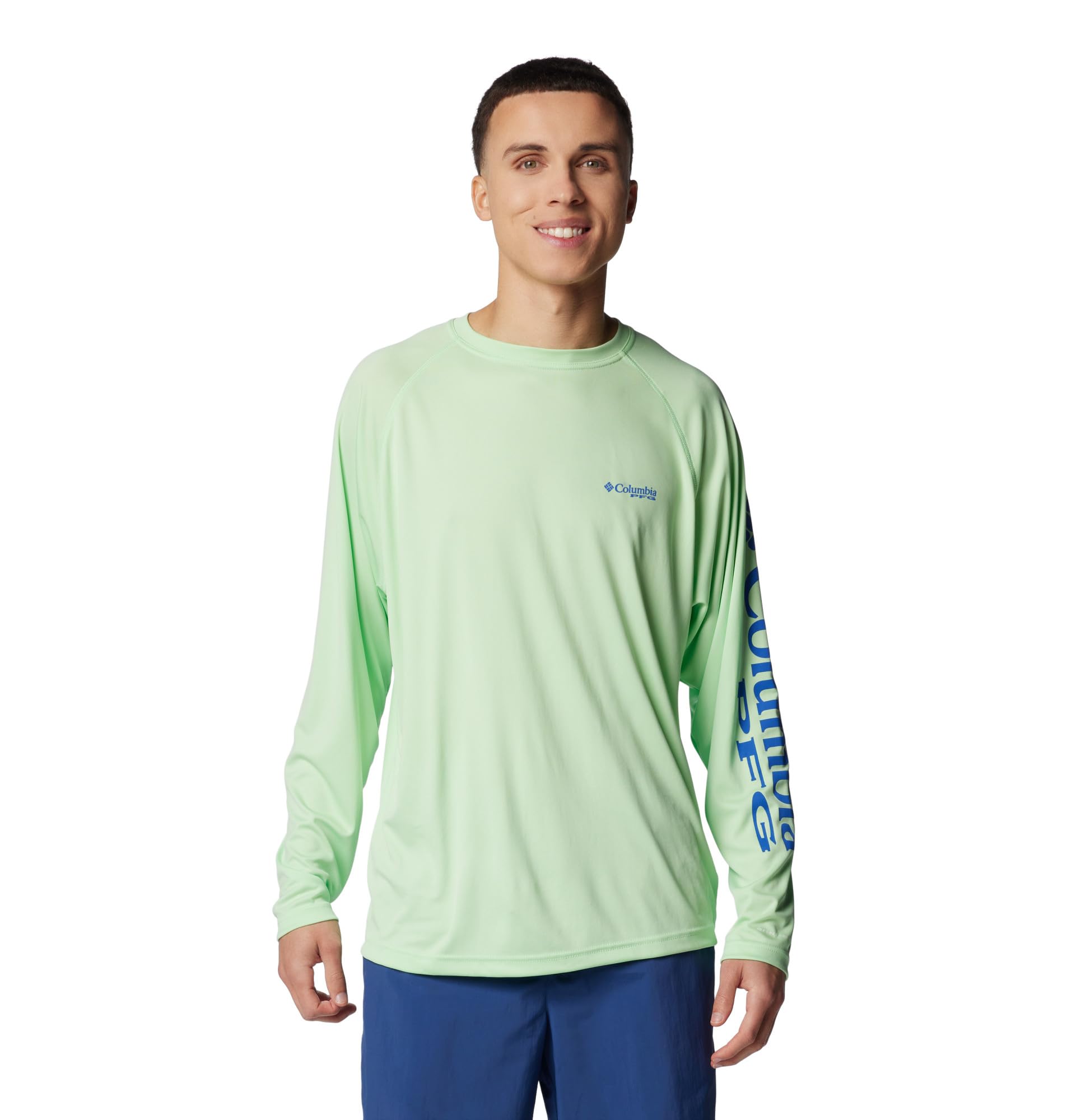 Columbia Men's PFG Terminal Tackle Long Sleeve Fishing Shirt, Key West/Vivid Blue Logo, Small