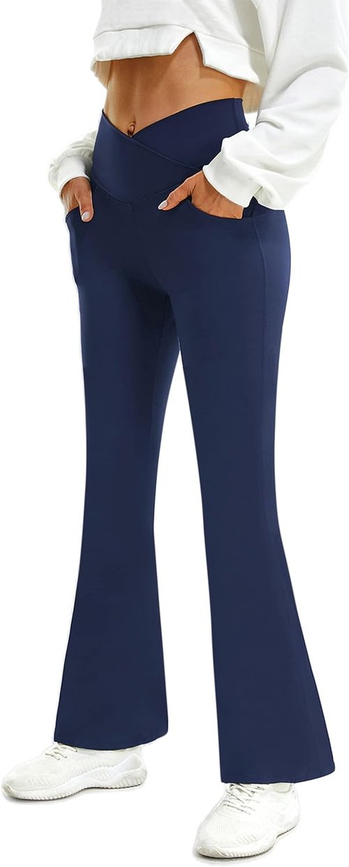 FireSwan Women's High Waisted Crossover Flare Leggings - Tummy Control with Pockets for Gym & Yoga