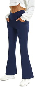 FireSwan Women's High Waisted Crossover Flare Leggings - Tummy Control with Pockets for Gym & Yoga