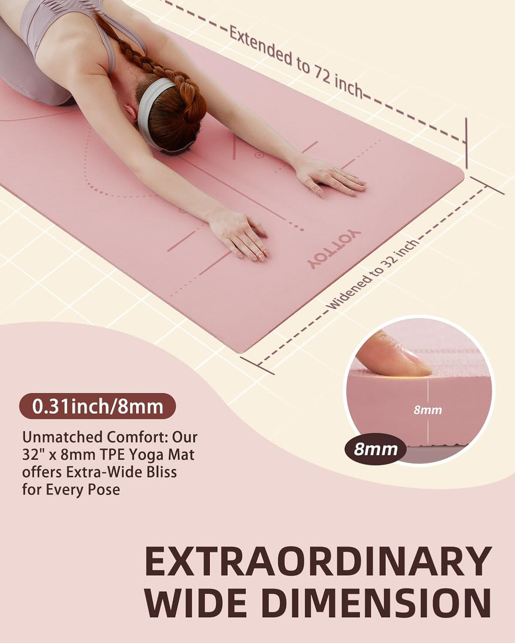 YOTTOY Yoga Mat - Extra Wide 72"x32"x1/3" Non-Slip Eco-Friendly TPE for Home Workouts | Includes Strap Bag