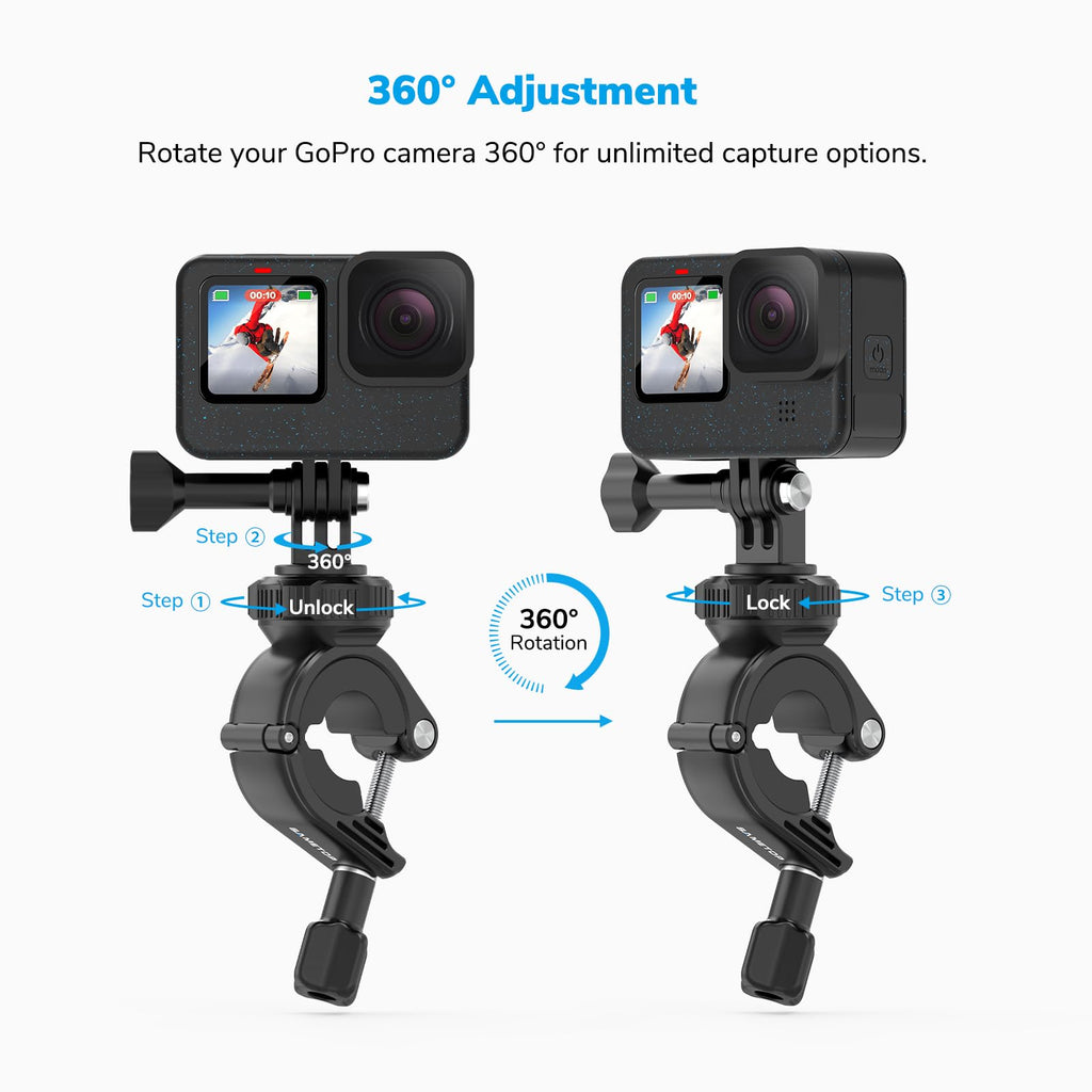 Sametop Handlebar Bike Pole Mount Motorcycle Clamp Mount Compatible with GoPro Hero 13 12 11 10 9 8 7 6 5 Session DJI Action Cameras - 360 Degree Rotation