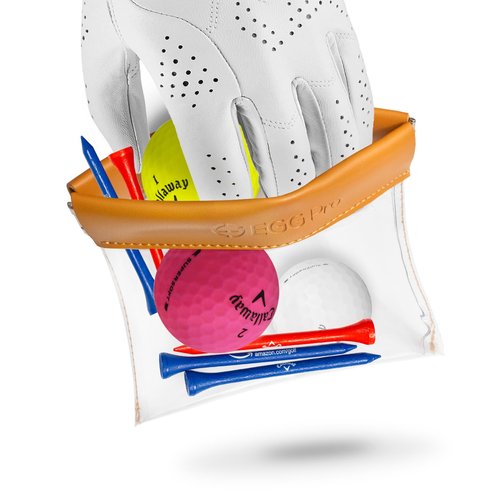 EGG PRO Golf Tees Pouch Bag with Hanger, Clear Transparent Wide Squeeze Top Bag Tee Holder, Store Golf Essentials and Valuables - Brown Color