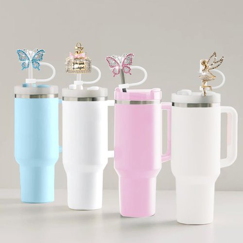 SEMATA 6PCS Cute Straw Cover Cap for Stanley Cup Accessories,Bling Crystals Straw Toppers for Stanley Tumbler 40&30 oz,Rhinestone Reusable Straws Tips Protectors Compatible with 10mm Straws