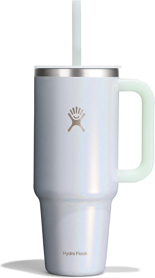 Hydro Flask Travel Tumbler - Insulated Stainless Steel with Handle & Straw | 40 Oz Glimmer Blue