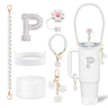 Stanley Cup Accessories Set - Including Water Bottle Carrying Pearl Strap, Handle Letter Charms Sticker, Silicone Cups Boot Straw Cover for 40oz & 30oz Tumbler Accessory Kit