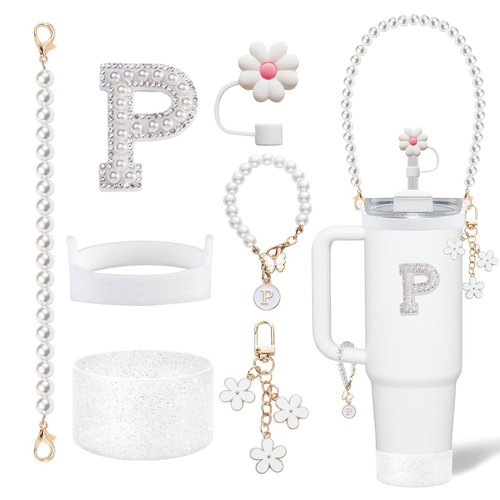 Stanley Cup Accessories Set - Including Water Bottle Carrying Pearl Strap, Handle Letter Charms Sticker, Silicone Cups Boot Straw Cover for 40oz & 30oz Tumbler Accessory Kit