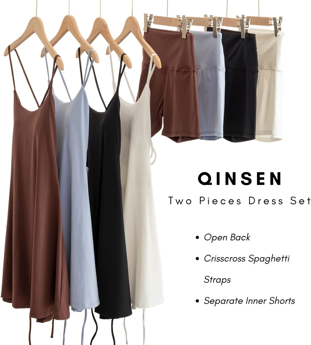 QINSEN Women's Tennis Dress - Two-Piece Activewear with Shorts & Open Back Design | Perfect for Golf & Workouts