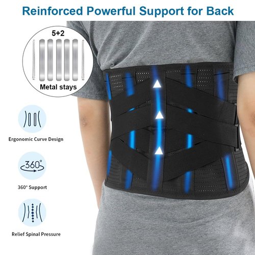 HONGJING Heated Back Brace Rechargeable for Lower Back Pain Relief, Heating Lumbar Support Belt with 7 Metal Stays, 3 Heat Levels for Men Women Herniated Disc, Scoliosis,Sciatica (M)