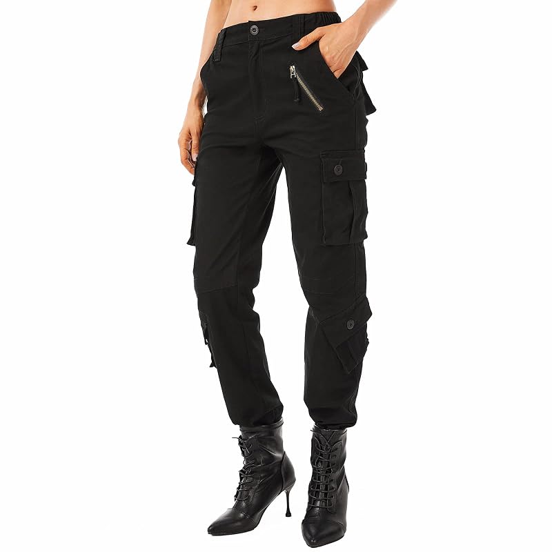 Women's Cargo Army Pants with 8 Pockets, Cotton Casual Work Pants - Black+24