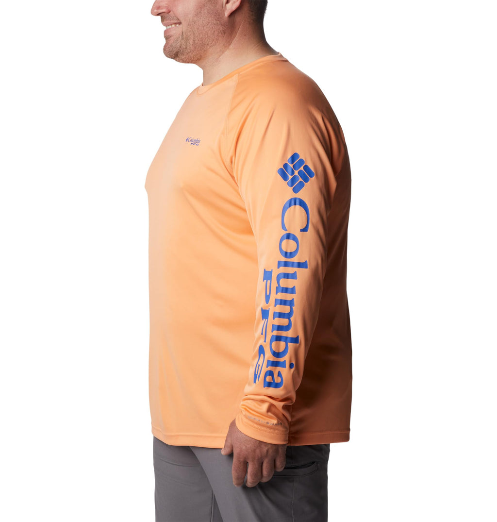 Columbia Men's PFG Terminal Tackle Long Sleeve Fishing Shirt, Bright Nectar/Vivid Blue Logo, Large Tall