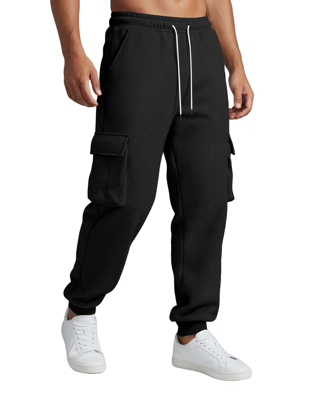 Wangdo Mens Cargo Sweatpants Heavyweight Elastic Waist Fleece Lined Joggers for Men with Pockets Baggy Drawstring Track Pants Black