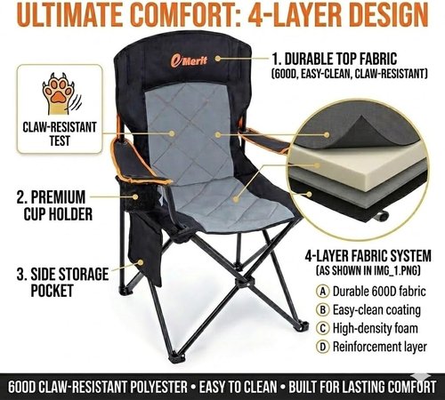 EMERIT Oversized Padded Camping Chair - 350LB Heavy Duty Quad Fold with Lumbar Support & Cup Holder