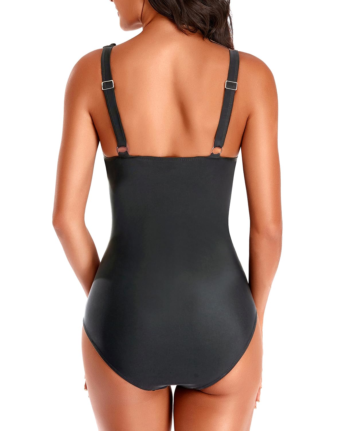 Holipick Women Black One Piece Swimsuits Tummy Control Bathing Suit Ruffle V Neck Swimwear Slimming for Teen Girls Medium
