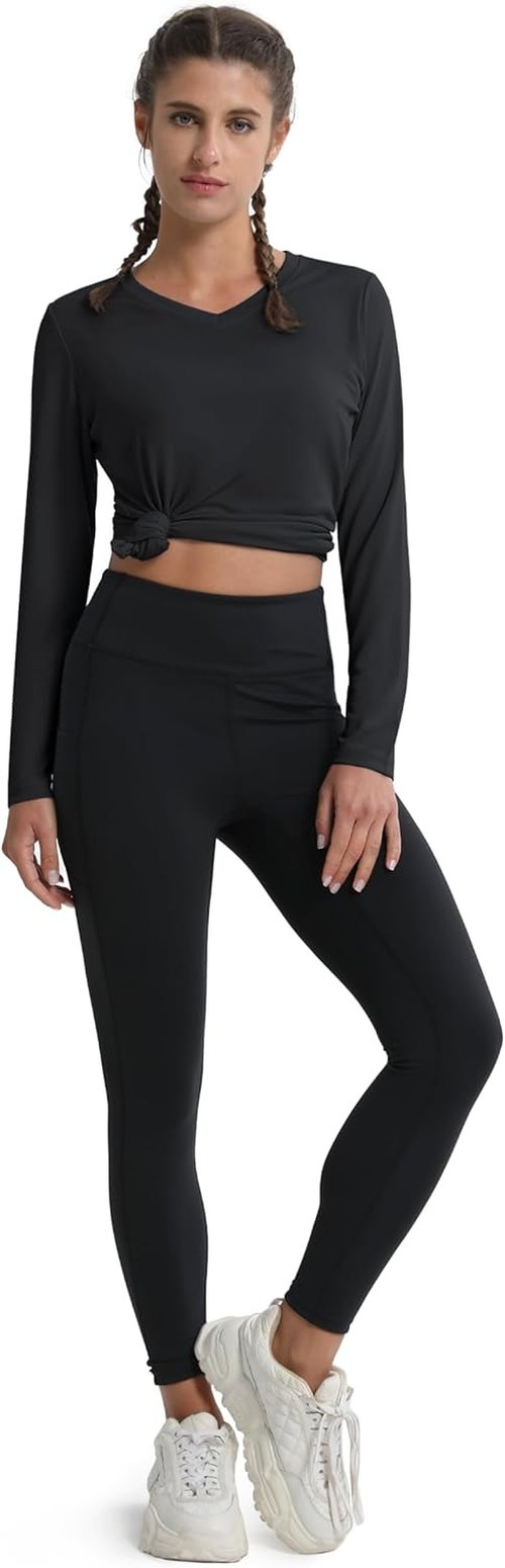 MAGCOMSEN SPF Long Sleeve Workout Shirts for Women - V-Neck UPF 50+ Quick Dry Performance Tees
