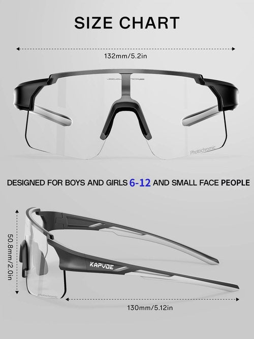 KAPVOE Youth Photochromic Sports Sunglasses Boys Girls Baseball Softball Running Cycling Glasses for Kids Age 6-12 K9035