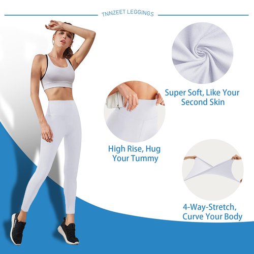 High Waisted Leggings for Women - No See Through Tummy Control Cycling Workout Yoga Pants with Pockets Reg & Plus A-White