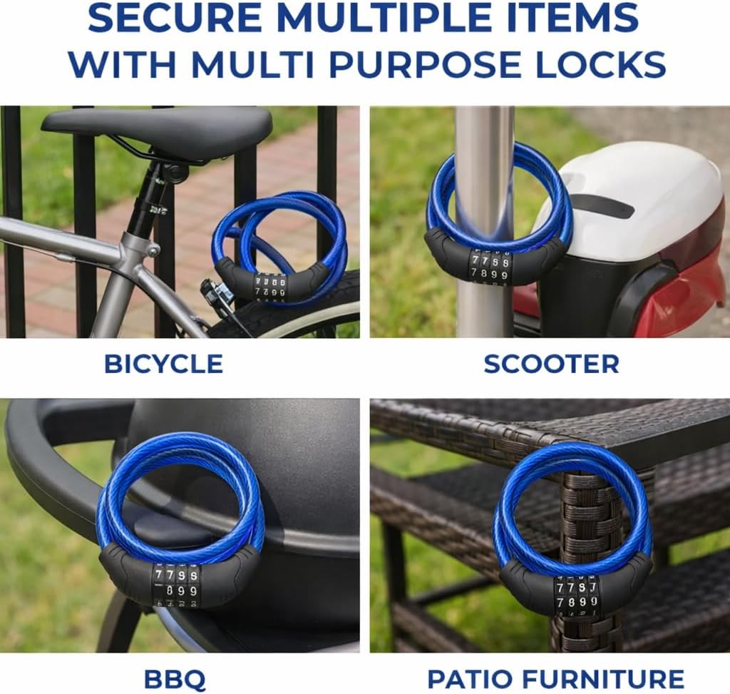 Skiennix Bike Lock Cable - 4 Ft 10mm Resettable Combination Lock for Bicycles, Scooters & Gates