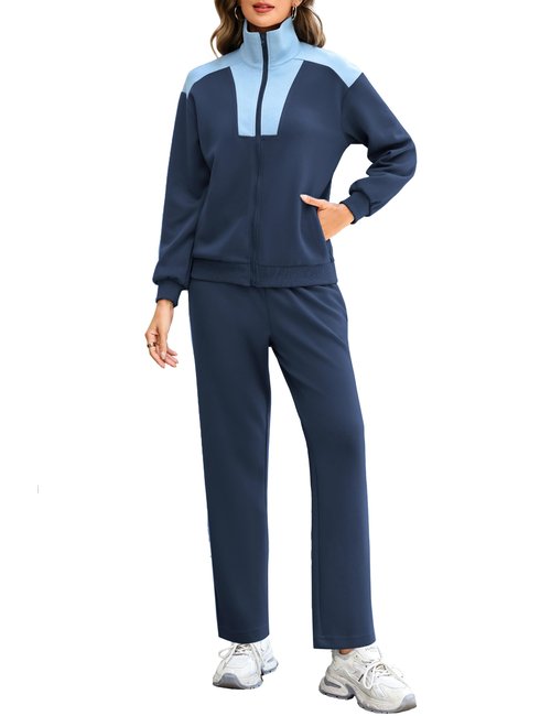 Totatuit Womens Casual Two Piece Sets Fall 2025 Outfits Zip Sweatshirts Straight Leg Pants Sweatsuits Tracksuit Blue Large