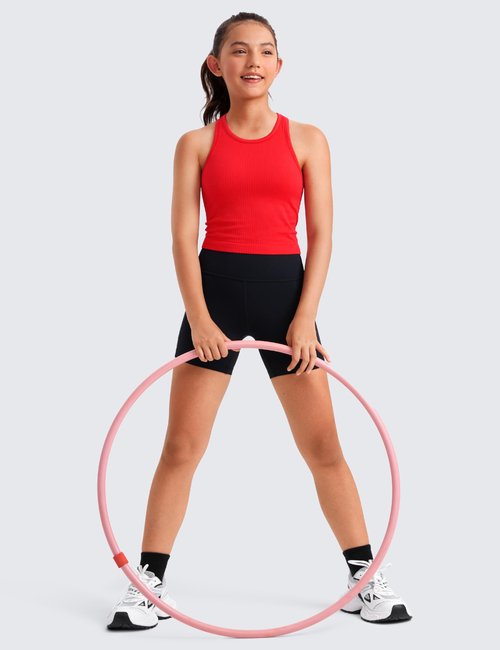 CRZ YOGA Girls Seamless Ribbed Longline Sports Bra - Yoga Athletic Casual Tops High Neck Racerback Padded Kids Teen Deep Red Medium