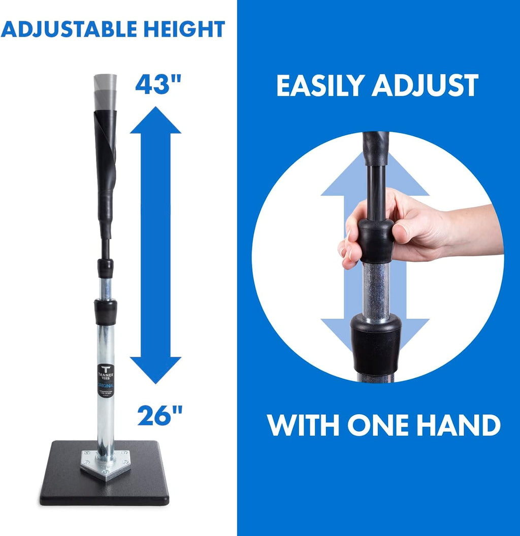 Tanner Tee - Adjustable Pro Batting Tee for Baseball & Softball | Steel Shaft, Rubber Top, 26"-43" Height