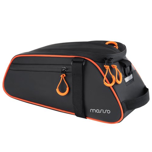 MOSISO Bike Rack Bag, 8L Waterproof Bicycle Rear Rack Trunk Bags with Orange Pull Tabs, Bike Rear Seat Bag Bicycle Storage Saddle Luggage Bags with Shoulder Strap for Road Mountain Cycling, Black