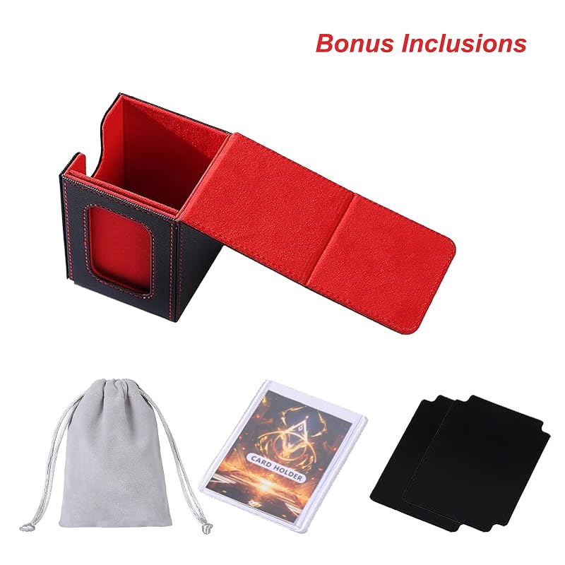 AFIING MTG Commander Deck Box with Drawstring Bag, 100 Double-Sleeve Cards, 2 Dividers, Toploader – Black/Red