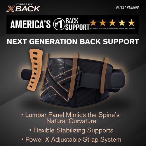 Copper Fit X-Back Brace | Adjustable Lumbar Support for Lower Back Pain Relief (Small/Medium)