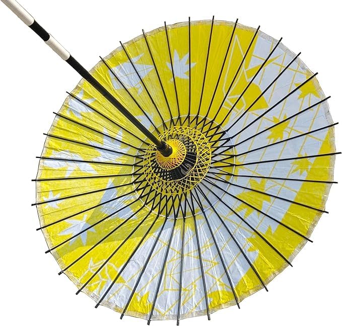 山本竹細工屋 （YAMAMOTOTAKIZAYIKUYA) Japanese Style Folding Umbrella with Handle for Dancing or Photography Yellow Folded Crane