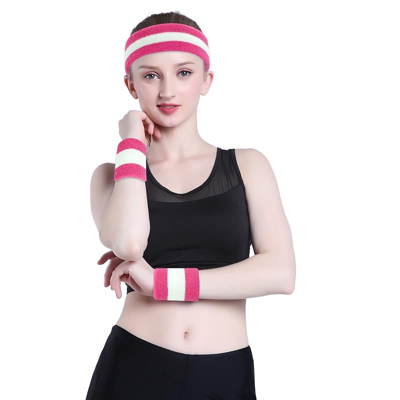 ONUPGO Sweatbands Set – Neon Headband & Wristbands for Men Women, 3-Piece Pink/White/Pink