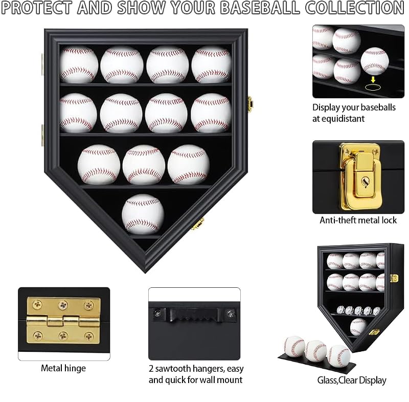 Grintus 12-Ball Baseball Display Case with Lockable Glass Door Wall Mount