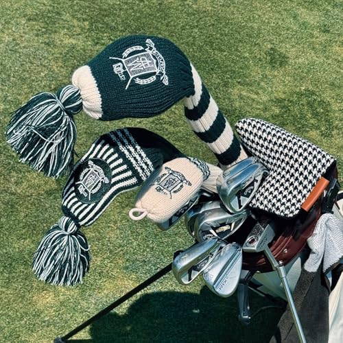 Wool Knit Golf Head Cover Set - Cream & Green for Drivers, Fairways & Hybrids