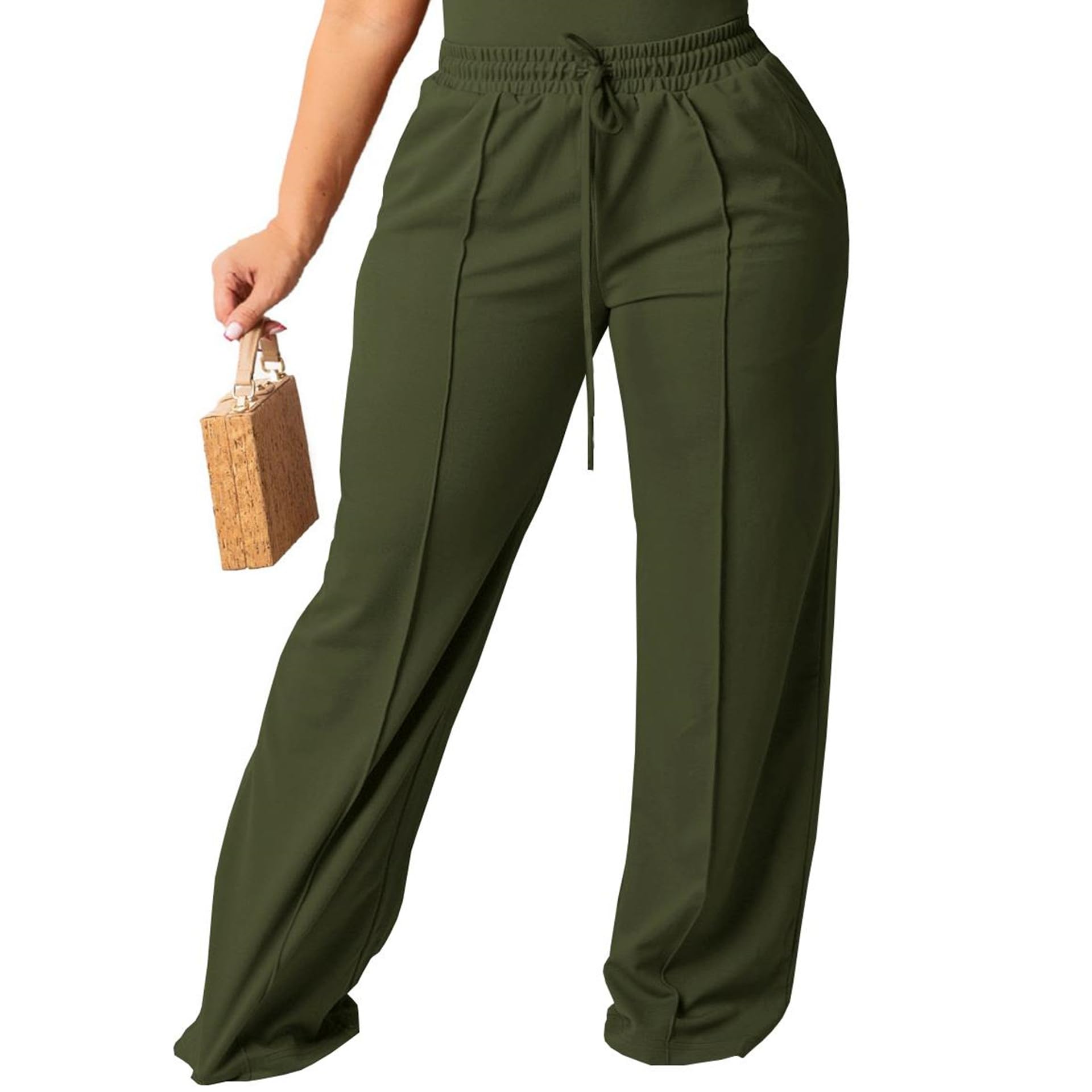 Tycorwd Women's Plus Size Casual Wide Leg Pants High Waisted Drawstring Baggy Sweatpants Elastic Straight Leg Lounge Pants with Pockets Army Green 4XL