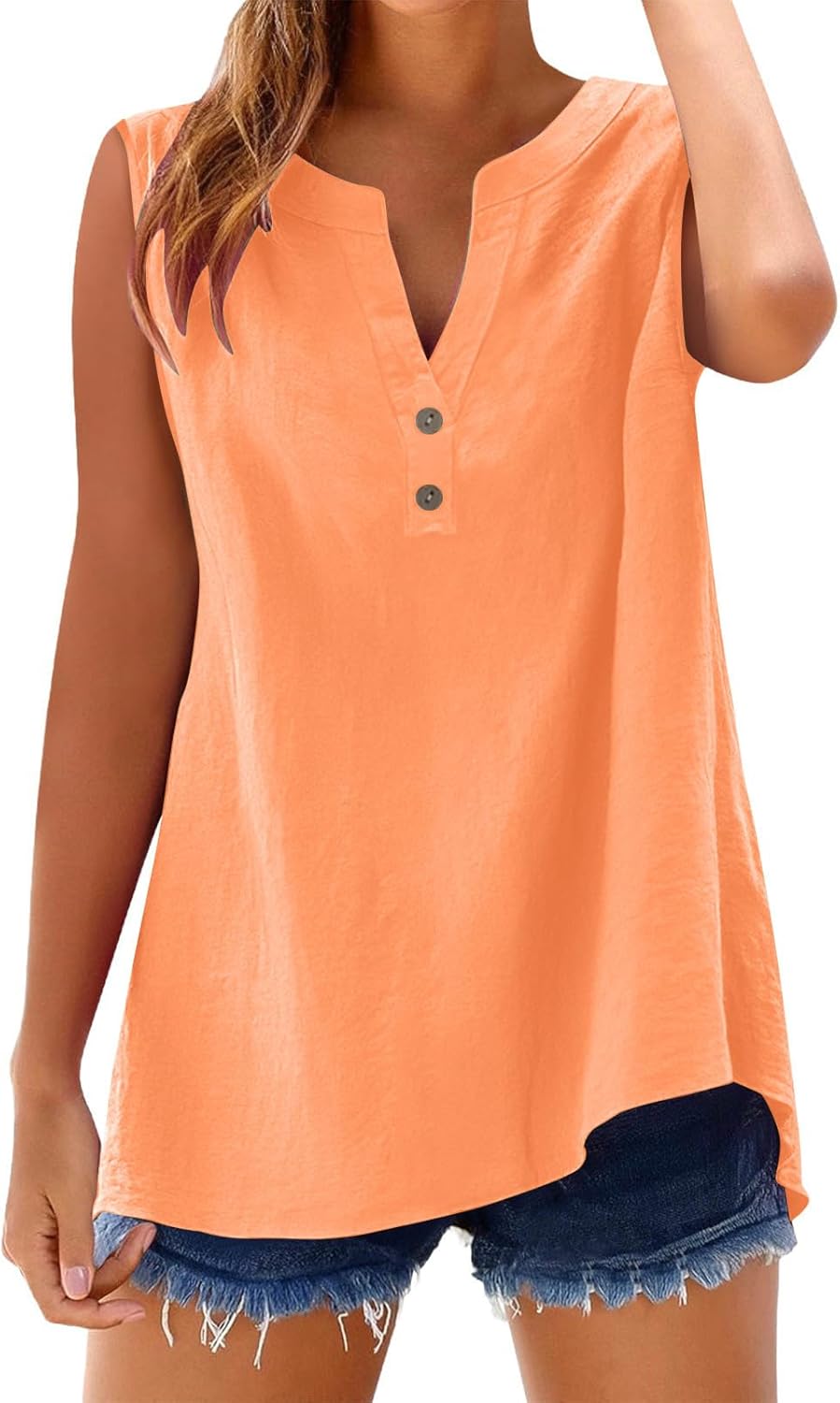 Skiennix Sleeveless Linen Shirt - Women's V-Neck Button Down Blouse for Office & Beach - Orange