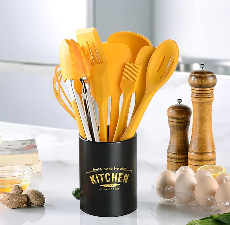 Silicone Cooking Utensil Set - 11 Pcs Heat-Resistant Kitchen Tools (Yellow) BPA Free