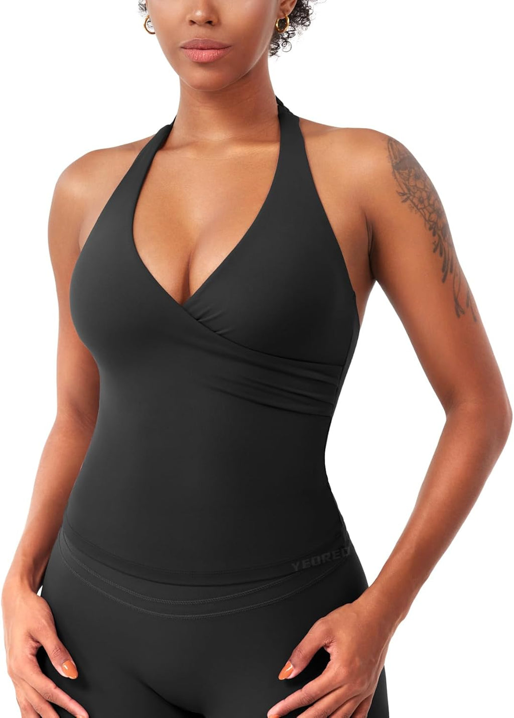 YEOREO Women's Halter Tank Top - Padded Deep V Neck Strappy Workout Camisole | Longline Backless Design