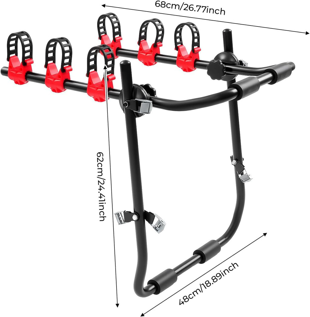 Skiennix Bike Rack - Trunk Mount for SUVs & Cars, 44lb Capacity, Foldable Steel, Holds 3 Bikes, Red & Black