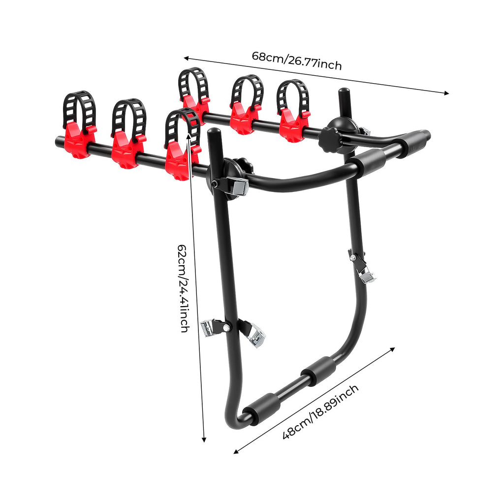 DOONARCES Car Bicycle Rack 3-Bike, Vehicle Trunk Mount Bike Rack F Frame Foldable Bicycle Carrier Holder for Most Cars SUV Sedan Hatchback Minivan, 88lbs Load, Black+Red