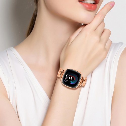 HAYONLIY Magnetic Bands Compatible for Fitbit Versa 4/Fitbit Versa 3/Fitbit Sense 2/Fitbit Sense, Mesh Stainless Steel Thin Strap, Adjustable Replacement Wristband for Women Dressy Rose Gold