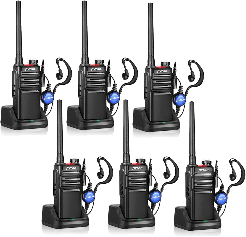 Pxton Waterproof Walkie Talkies - Long Range Two-Way Radios with Earpieces & Fast Charger Dock | 6 Pack