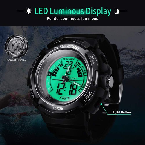 TEKMAGIC 10ATM 100m Outdoor Waterproof Sports Watch for Swimming with Back Light Stopwatch Chronograph Function Support Dual Time Zone (W17-Y)