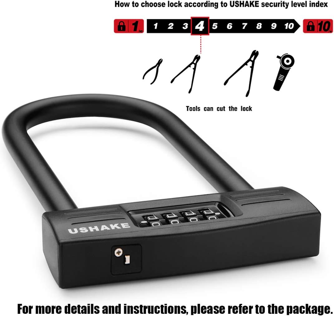USHAKE Heavy-Duty Bike U Lock - Secure Combination Lock for Bicycles, Scooters & Gates