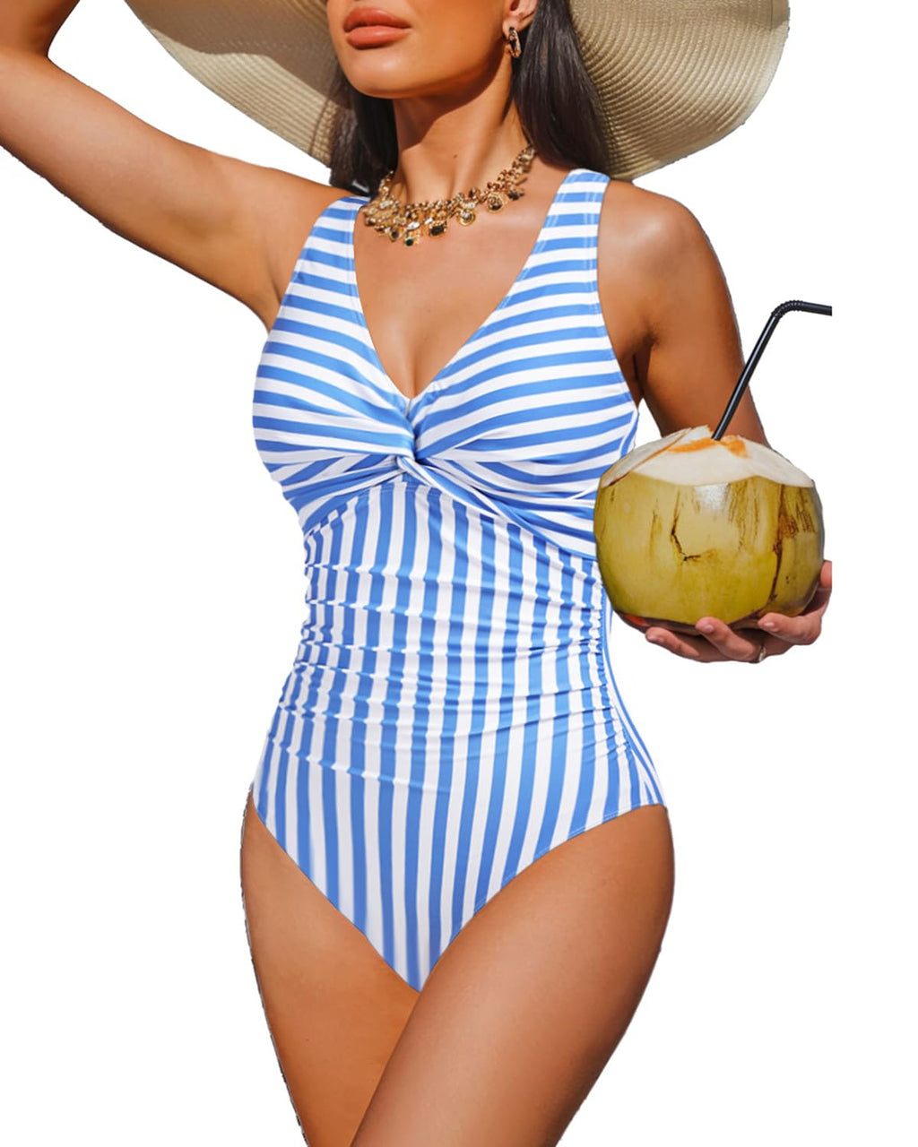 Holipick Light Blue Striped Women Tummy Control One Piece Swimsuit - Push Up Bathing Suit Full Coverage Slimming Swimwear M