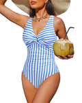 Holipick Light Blue Striped Women Tummy Control One Piece Swimsuit - Push Up Bathing Suit Full Coverage Slimming Swimwear M