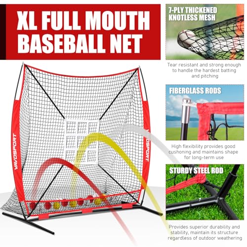 VAVOSPORT Red 7x7' Baseball & Softball Hitting Net Set with Strike Zone & Tee